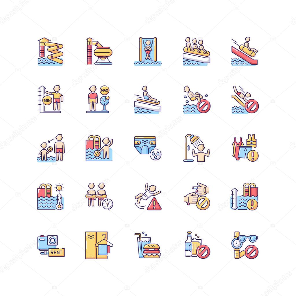 Water park RGB color icons set. Aquatic play area, summer recreation center. Safety rules on water slides and in swimming pools. Isolated vector illustrations