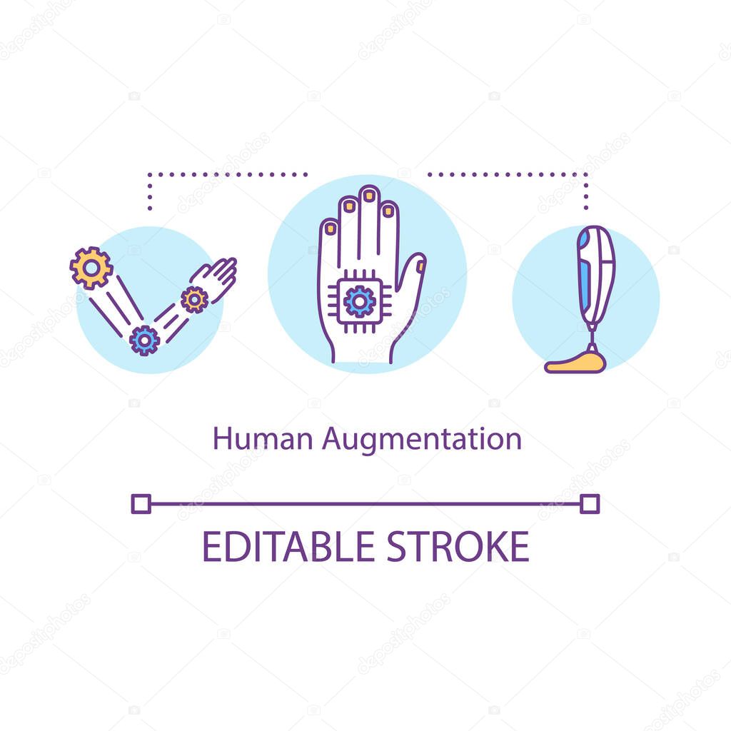Human augmentation concept icon. Body hacking, biopunk idea thin line illustration. Self improvement with prosthetic limbs and microchips. Vector isolated outline RGB color drawing. Editable stroke