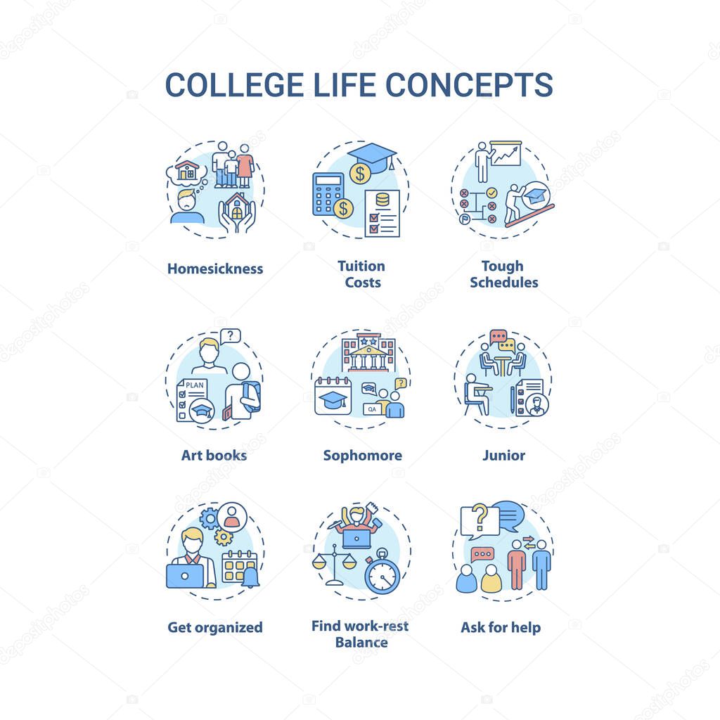 College life concept icons set. Tuition cost. Tough schedule. Sophomore, junior and senior. Student living idea thin line RGB color illustrations. Vector isolated outline drawings. Editable stroke