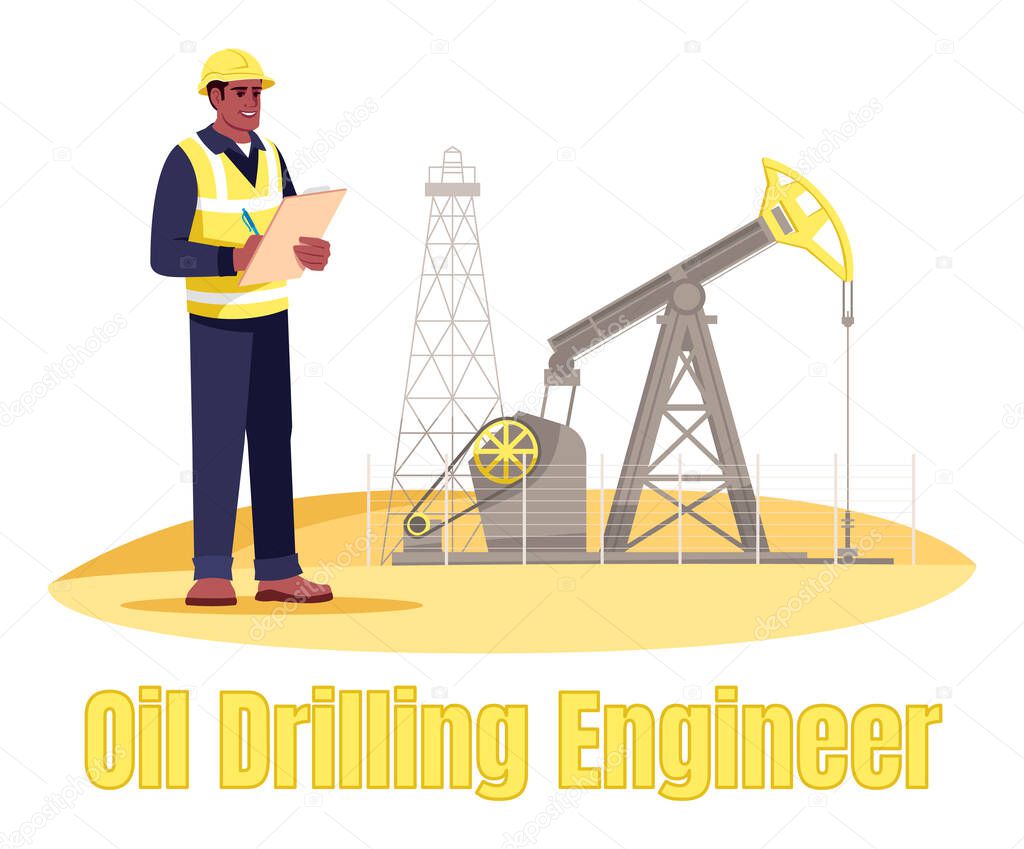 Oil drilling engineer semi flat RGB color vector illustration. Oil rig operator. Petroleum production. Gas industry male worker isolated cartoon character on white background with typography