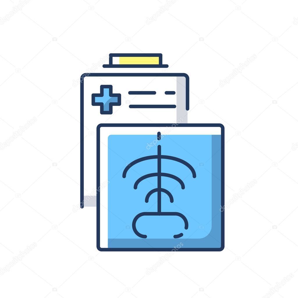 Radiology department RGB color icon. Radiation medicine. Radiologic technologist. CT scan. X rays radiography. Diagnosis. Examination. Hospital department. Isolated vector illustration