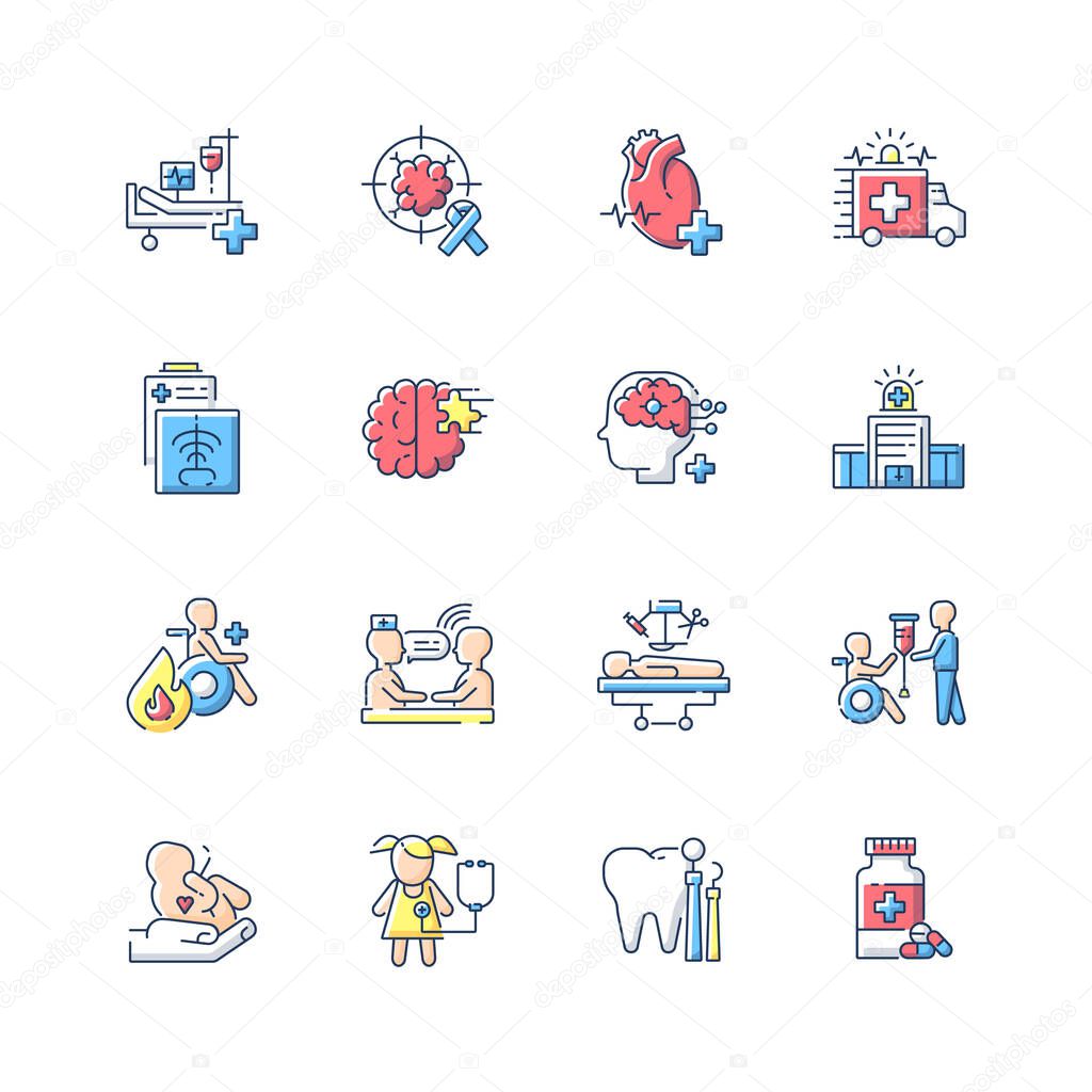 Hospital RGB color icons set. Walk in clinic. Radiology and cardiology department. ICU. Hospital ward. Medical healthcare. Rehabilitation. Hospital department. Isolated vector illustration
