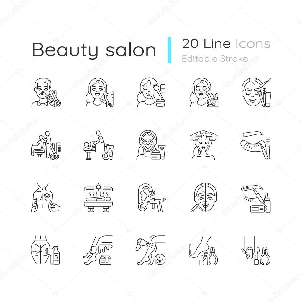 Beauty salon linear icons set. Anti cellulite program. Lash making. Face fitness. Hair styling. Customizable thin line contour symbols. Isolated vector outline illustrations. Editable strok