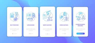 Mobil uygulama sayfası ekranında konseptlerle biyohack elemanları var. Kendi kendini izleme ve beş adımlık grafiksel talimatları hayata geçirme. RGB renk resimleriyle UI vektör şablonu
