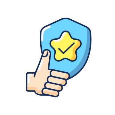 Güvenilirlik RGB renk simgesi. Kalite değerlendirmesi, olumlu geri bildirim, iyi değerlendirme. Güvenilirlik, güvenilirlik. Kontrol işareti izole edilmiş vektör illüstrasyonu ile başparmaklar yukarı