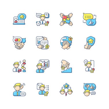 İletişim becerileri RGB renk simgeleri ayarlandı. Farklı mesleki yetenekler ve kişisel özellikler. Kişisel gelişim, takım çalışması yetenekleri. İzole vektör çizimleri