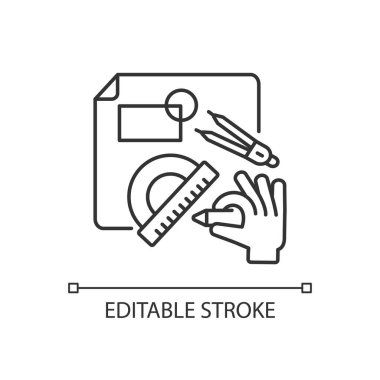 DIY doğrusal simge dizayn ediyor. Mühendislik planı. Teknik entrika. Proje için mimari plan. İnce çizgi özelleştirilebilir illüstrasyon. Contour sembolü. Vektör izole çizim. Düzenlenebilir vuruş