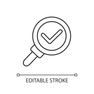 Doğrusal simgeyi keşfet. Kontrol işaretli büyüteç. Araştırma tamamlandı. Louise 'i yakınlaştır. İnce çizgi özelleştirilebilir illüstrasyon. Contour sembolü. Vektör izole çizim. Düzenlenebilir vuruş