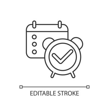 Doğrusal simgeyi kontrol et. Organizatör kontrol işareti. Takvimde buluşma tarihi. Program planlaması. İnce çizgi özelleştirilebilir illüstrasyon. Contour sembolü. Vektör izole çizim. Düzenlenebilir vuruş