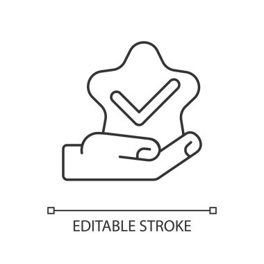 Yıldız gözden geçirme doğrusal simgesi. Müşteri memnuniyeti. Müşteri geri bildirimi. En iyisine oy verin. İnce çizgi özelleştirilebilir illüstrasyon. Contour sembolü. Vektör izole çizim. Düzenlenebilir vuruş