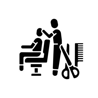 Hair cutting black glyph icon. Hairstyling. Beauty salon. Hairdressers services. Beauty procedures. Barbershop. Professional haircut. Silhouette symbol on white space. Vector isolated illustration clipart