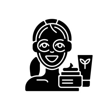 Cilt bakımı siyah kabartma simgesi. Cilt bakım ürünleri. Cilt bakımı. Yüz maskeleri ve kremler. Kozmetik uzmanı. Doğal kozmetikler. Beyaz uzayda siluet sembolü. Vektör izole illüstrasyonu