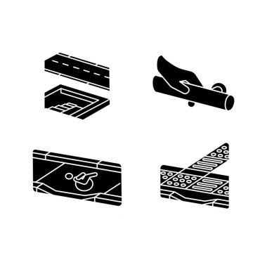 Disabled pedestrian facilities black glyph icons set on white space. Safe pedestrian crosswalk. Modern wall mounted handrails. Tenji blocks. Silhouette symbols. Vector isolated illustration vector Disabled pedestrian facilities black glyph icons set on white space. Safe pedestrian crosswalk. Modern wall mounted handrails. Tenji blocks. Silhouette symbols. Vector isolated illustration vector