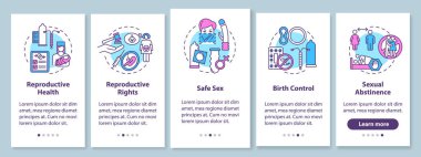 Mobil uygulama sayfasında konseptli güvenli seks. Doğum kontrol hapı. Üreme hakkı. Cinsel eğitim 5 aşamalı grafik talimatlar içeriyor. RGB renk resimleriyle UI vektör şablonu