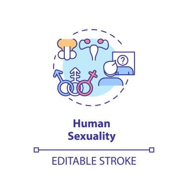 İnsan cinselliği konsepti ikonu. Cinsel eğitimin fizyolojik ve psikolojik yönleri. Kendini tanıtma fikri ince çizgi çizimi. Vektör izole edilmiş RGB renk çizimi. Düzenlenebilir vuruş