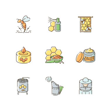 DIY arıcılık RGB renk simgeleri ayarlandı. Ev yapımı apikültür. Doğal bal yapımı. Profesyonel arıcı aletleri ve organik arı ürünleri. İzole vektör çizimleri