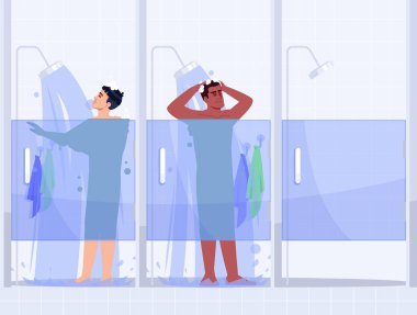 Erkek spor salonu duşu yarı düz vektör çizimi. İnsanlar umumi duş kabinlerinde kavga ediyorlar. Adam sabunla yıkıyor. Temizlik ve hijyen. Ticari kullanım için çok ırklı erkekler 2D çizgi film karakterleri