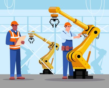 Robot uzmanı düz vektör çizimi. Endüstriyel bakım. Fabrika ekipmanları. Otomatik makine eli tamir eden adam. Manufactory erkek işçi hard hat 2D çizgi film karakterleri ticari kullanım için