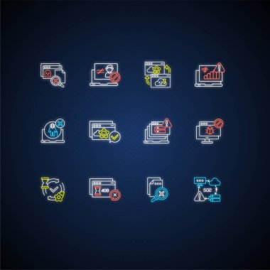 Web bildirimleri neon ışık simgeleri ayarlandı. HTTP durum kodları dış ışık efektli işaretler. İnternet sitelerinin cevapları. Çeşitli web sayfası bağlantı sorunları. Vektör izole edilmiş RGB renk çizimleri