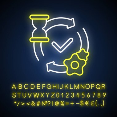 Neon ışık ikonu işleniyor. Dış ışıltı etkisi. Ağ isteği işleme bildirimi. Alfabe, sayılar ve sembollerle HTTP durum mesajı imzası. Vektör izole edilmiş RGB renk çizimi