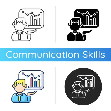 Sunum becerileri simgesi. Lineer siyah ve RGB renk stilleri. İş analizleri, mali raporlar, proje geliştirme. Profesyonel rapor, yumuşak beceriler. İzole vektör çizimleri