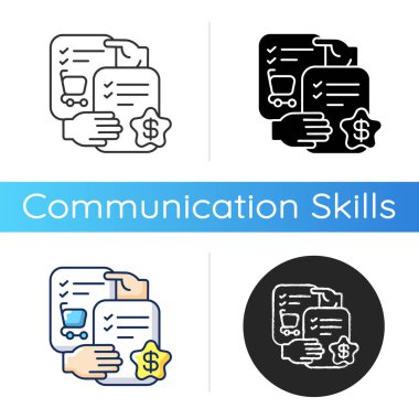 Yetenek ikonu satmak. Lineer siyah ve RGB renk stilleri. Ticari işler, ticari ilişkiler. Şirket pazarlığı. Satın alma sözleşmesi, belgeler izole vektör çizimleri