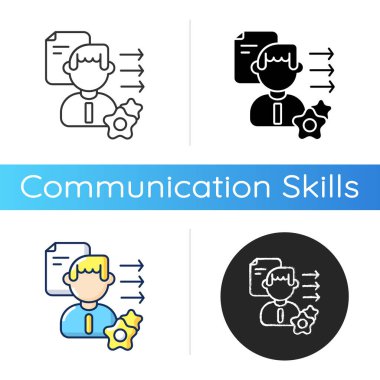 Berraklık ve berraklık simgesi. Lineer siyah ve RGB renk stilleri. Profesyonel yetenek, yumuşak beceri geliştirme. Kişisel gelişim, iletişim becerilerinde gelişme. İzole vektör çizimleri