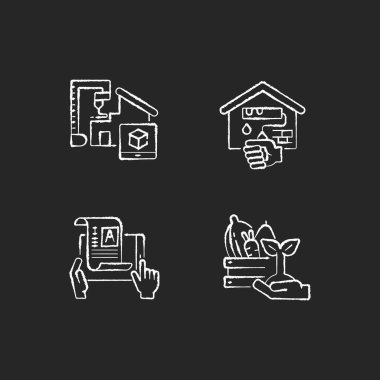 Siyah arkaplanda el işi beyaz tebeşir simgeleri oluşturuldu. Proje için 3D model. Prototipten ev yapımı. Ev tadilatı. Kendi kendine yayıncılık. Çiftçi pazarı. İzole edilmiş vektör karatahta çizimleri