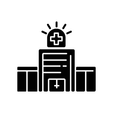 Klinikte siyah simge şeklinde yürüyün. Tıbbi tesis. Acil bakım merkezi. Sağlık hizmetleri sağlayıcısı. Hastane binası. Birincil bakım. Beyaz uzayda siluet sembolü. Vektör izole illüstrasyonu