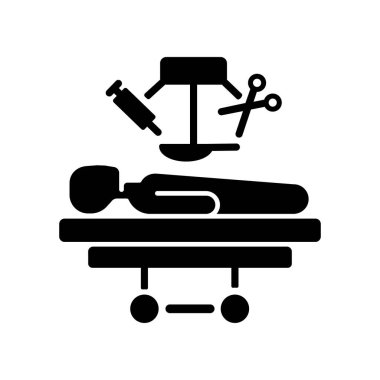 Cerrahi siyah kabartma simgesi. Tıbbi operasyon. Cerrahi prosedürler. Vücut yaralanmaları tedavisi. Cerrahi aletler. Tıbbi bakım. Beyaz uzayda siluet sembolü. Vektör izole illüstrasyonu