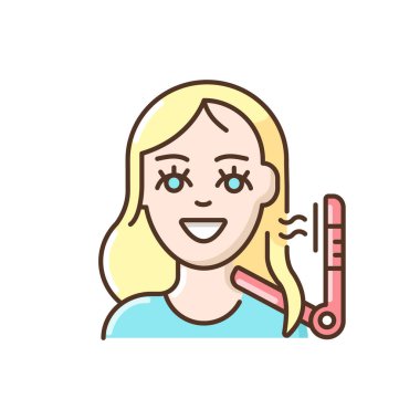 Saç tasarımı RGB renk simgesi. Kuaför dükkanı. Güzellik salonları. Kuaförlük. Kuaför salonu. Profesyonel saç stilisti. Güzellik prosedürleri. Güzellik hizmetleri. İzole vektör illüstrasyonu