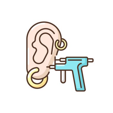 Piercing RGB renk simgesi. Küpeler. Güzellik salonu. Vücut modifikasyonları. Kulak, burun ve vücut piercing 'i. Güzellik prosedürleri. Mücevher takıyorum. Güzellik hizmetleri. İzole vektör illüstrasyonu