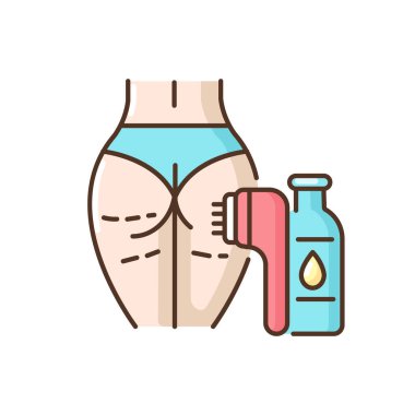 Selülit karşıtı program RGB renk simgesi. Çukurlu deri sıkışması. Selülit kremi ve fırça önleyici. Bacak masaj ekipmanları. Vücut inceltme. Güzellik hizmetleri. İzole vektör illüstrasyonu