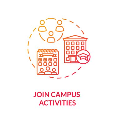 Kampüs aktivitelerine katılın. Kırmızı gradyan konsept simgesi. Öğrenci yaşam tarzı. Üniversite kulüpleri ve grupları etkinliği. Kolej hayatı fikri ince çizgi çizimi. Vektör izole edilmiş RGB renk çizimi