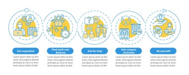 Öğrenci yaşayan vektör bilgi şablonu. İş dinlenme dengesi tasarım elementleri. Veri görselleştirmesi 5 adımda. Zaman çizelgesi. Doğrusal simgelerle çalışma akışı düzeni