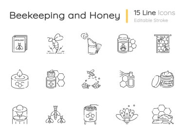 Arıcılık doğrusal simgeleri ayarlandı. Bal işi. Apiculture, apiology kişiselleştirilebilir ince çizgi çizgileri sembolleri. Farklı arı ürünleri. İzole vektör çizimi çizimleri. Düzenlenebilir vuruş