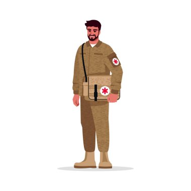 Askeri doktor yarı düz RGB renk çizimi. Askeri cerrah. Ordu doktoru. Savaşta sıhhiye olarak çalışan İspanyol genç adam beyaz arka planda karikatür karakterini izole etti.