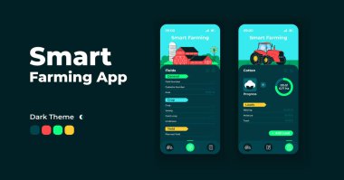 Akıllı tarım uygulaması çizgi film akıllı telefon arayüz vektör şablonları ayarlandı. Mobil uygulama ekran gece modu tasarımı. Uygulama için tarım ürünleri verimliliği. Düz resimli telefon görüntüsü