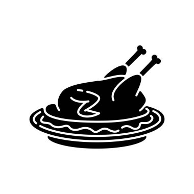 Pekin ördeği simgesi. Şükran Günü 'nde soslu kızarmış tavuk. Pekin geleneksel yemek tarifi. Pişmiş kümes hayvanları. Beyaz uzayda siluet sembolü. Vektör izole illüstrasyonu