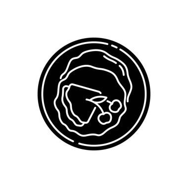 Krep siyah kabartma simgesi. İnce Fransız gözlemeleri. Kiraz şuruplu kızarmış tatlı. Ulusal Avrupa tatlı yemekleri. Restoranda yemek yiyeceğiz. Beyaz uzayda siluet sembolü. Vektör izole illüstrasyonu