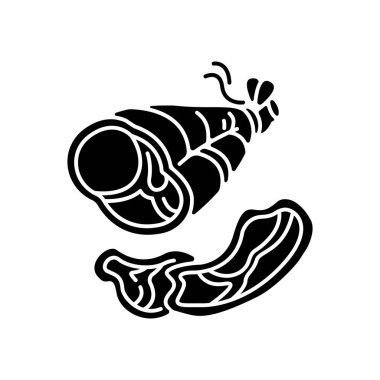 Parma jambonu siyah kabartma simgesi. Kemik üstünde kızarmış domuz eti. Tütsülenmiş hindi. Piknik için dilimlenmiş biftek. Ulusal et yemeği. İtalyan jambonu. Beyaz uzayda siluet sembolü. Vektör izole illüstrasyonu