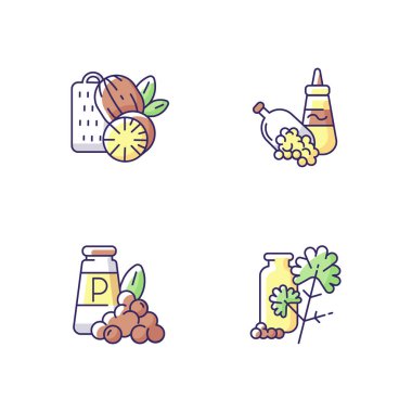 Baharatlı baharatlar RGB renk simgeleri seti. Yemek çeşnisi. Doğal takviye. Sos pişiriyorum. Hardal ve karabiber. Cilantro. Geleneksel Hint baharatları. İzole vektör çizimleri