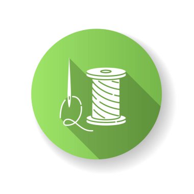 Yeşil düz tasarım uzun gölge simgesi onarılıyor. Dikiş stüdyosu, profesyonel dikiş işi, atölye. Sıfır israf yaşam tarzı tavsiyesi. İğne ve iplik silueti RGB renk çizimi