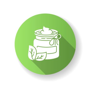 DIY kozmetik yeşil düz tasarım uzun gölge simgesi. Çevre dostu ve ev yapımı güzellik ürünleri. Organik nemlendirici kremli kavanoz, doğal bitkisel losyon silueti RGB renk çizimi