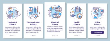 Mobil uygulama sayfasında kavramları olan gizlilik türleri. İletişim ve sağlık mahremiyeti. 5 aşamalı grafik talimatlar. RGB renk illüstrasyonlu UI vektör şablonu