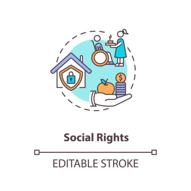 Sosyal haklar konsepti ikonu. Sosyo-ekonomik haklar fikri ince çizgi çizimi. Temel insan ihtiyaçları. Konut ve eğitim hakkı. Vektör izole edilmiş RGB renk çizimi. Düzenlenebilir vuruş