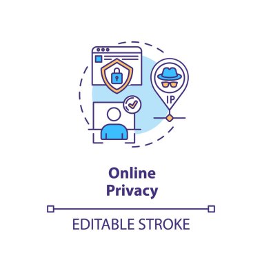 Çevrimiçi gizlilik kavramı simgesi. İnternet gizlilik fikri ince çizgi çizimi. Kişisel bilgi koruması. Sosyal medya. Vektör izole edilmiş RGB renk çizimi. Düzenlenebilir vuruş