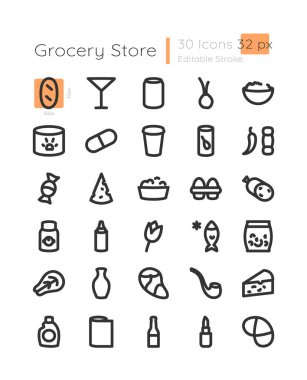 Supermarket category linear icons set. Shop food. Store drinks. Ready meal. Customizable thin line contour symbols. Isolated vector outline 32 x 32 px illustrations. Editable stroke clipart