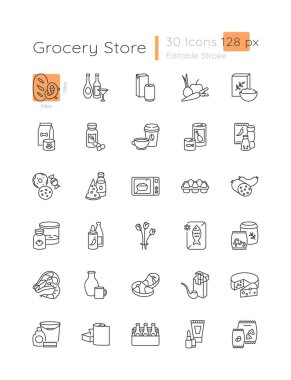 Groceries category linear icons set. Online shopping for food. Store product. Customizable thin line contour symbols. Isolated vector outline 128 x 128 px illustrations. Editable stroke clipart