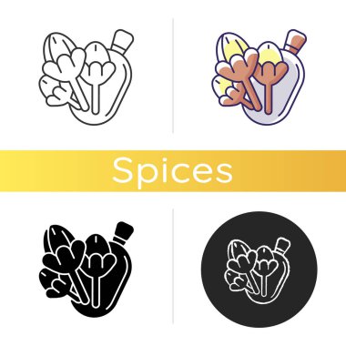 Karanfil ikonu. Aromatik karanfil ağacı tomurcukları. Lezzetli katkı maddesi. Geleneksel tıp. Doğal kozmetik bileşeni. Lineer siyah ve RGB renk stilleri. İzole vektör çizimleri